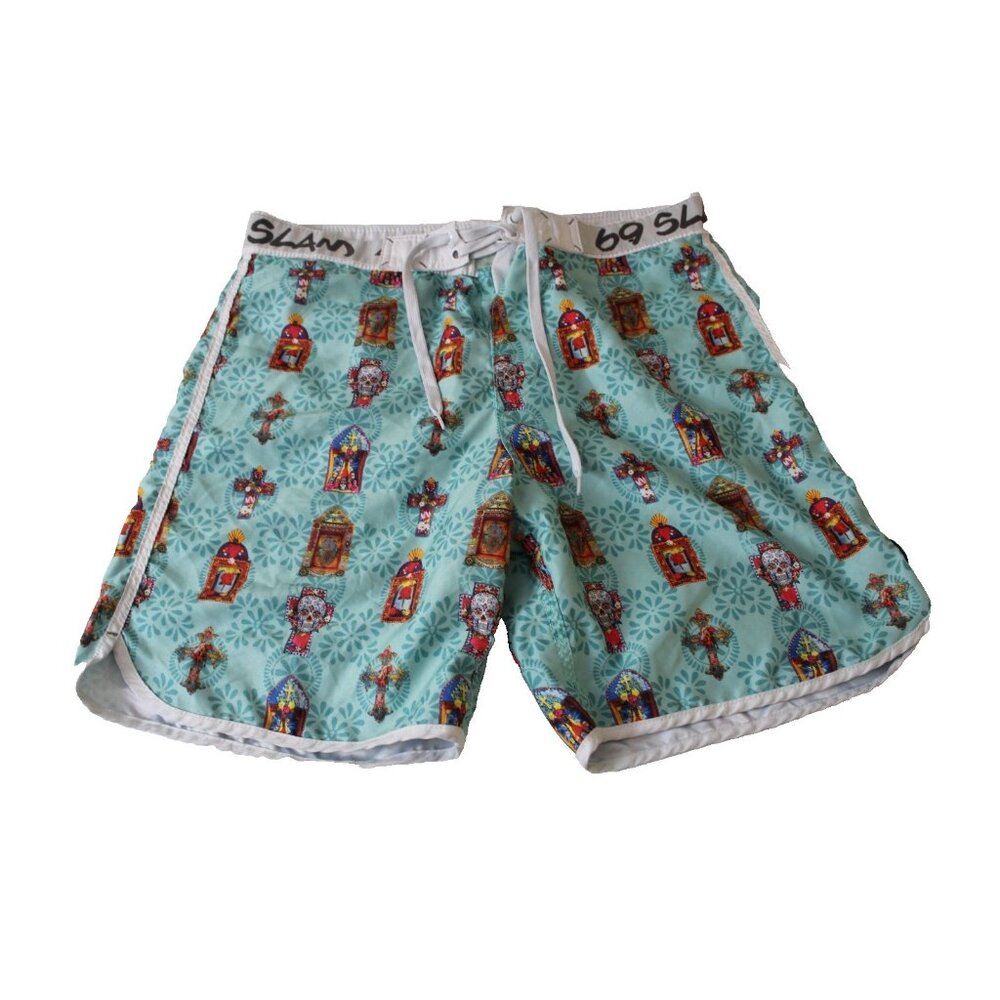 69 Slam Teal Boardshorts Size 34 Skull & Cross Graphic Surf Swim Shorts